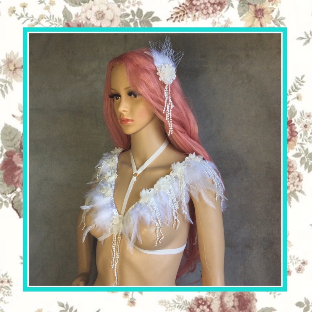 🍒 2PC: WHITE FEATHER BRA FRINGE HARNESS ANGEL BOHO BRIDE TASSEL COVER FESTIVAL